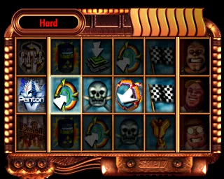 Aironauts PlayStation This is the game selection screen. from left to right the icons are location, Checkpoint game, Kill the Drones game, Ringmaster game and a Race.
Demo version