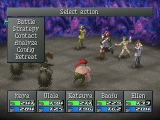 Persona 2: Eternal Punishment PlayStation Mid-game battle. Look who is in my party - a character from the first &#x3C;moby game=&#x22;persona&#x22;&#x3E;Persona&#x3C;/moby&#x3E;!