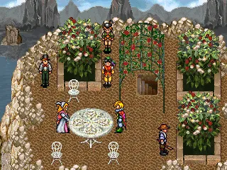 Suikoden PlayStation The roof of your castle, showing people you have recruited