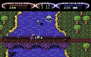 Dizzy: Down the Rapids Commodore 64 Avoid the cannonballs.