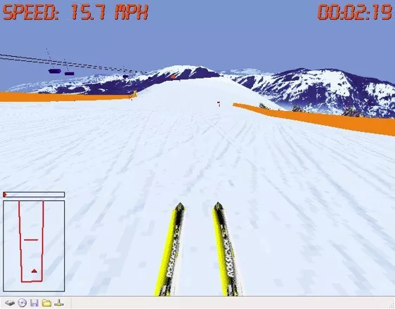 Front Page Sports: Ski Racing Windows There are different camera angles. This is the player&#x27;s point of view. The map in the lower left is surprisingly useful
Demo version
