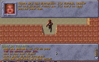 Dark Sun: Shattered Lands DOS An early dialogue with your &#x22;master&#x22; in the slave pens. There are quite a few topics and choices!