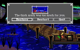 The Colonel&#x27;s Bequest DOS There are quite a few ways to die in this game, of course. Here, Laura accidentally falls into the water...
