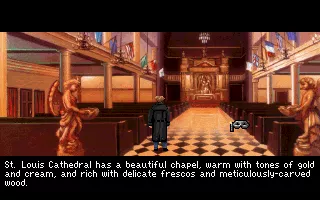 Gabriel Knight: Sins of the Fathers DOS As always in Sierra games, text descriptions are plentiful. Gabriel here is admiring the local church