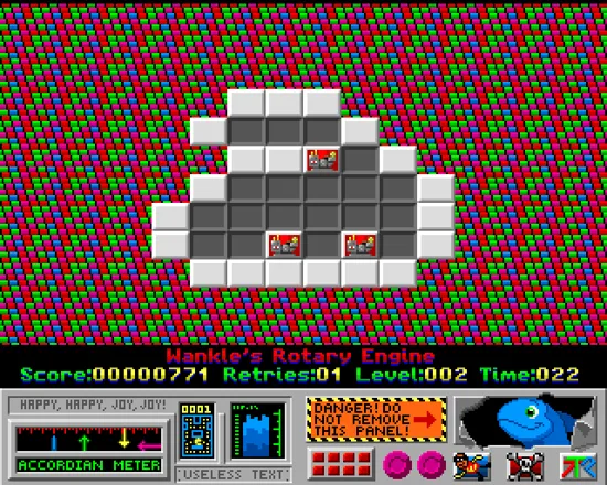 4-Get-It Amiga Gravity causes the higher tile to fall down because we moved it over the edge. It will fall between the other two blocks and cause all three to disappear.