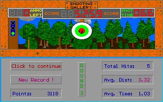 Shooting Gallery DOS Round 3 is the Quick Draw. The first mouse click starts the timer, when the green night shows the player has to line up and hit the target.