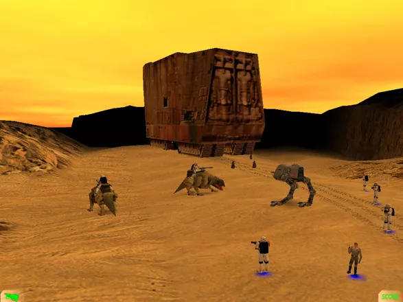Star Wars: Force Commander Windows Tatooine, sandcrawler at dusk. Note you can hide the interface (not very useful except for taking screenshots).
