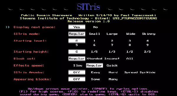 SITris DOS The game&#x27;s title screen and main menu where the game is configured