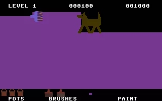 Crazy Painter Commodore 64 First level. Painted most of the screen already, the dog tries to reverse my efforts.