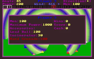 Tank Wars DOS The players are dropped onto the screen. Each is identified by a separate colour. By clicking on any tank it&#x27;s stats can be displayed