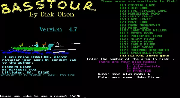 BassTour DOS This is the game&#x27;s menu screen. Once it has been displayed the player is asked to respond to a series of prompts that configure the game