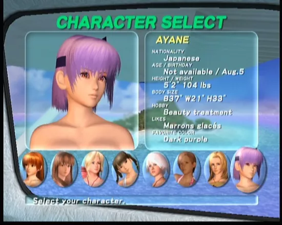 Dead or Alive: Xtreme Beach Volleyball Xbox Character selection screen for Zack Island scenario.