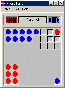 MicroBalls Windows A game in progress. The shaded cells in the top right of the game area show the legal moves available to the red token in that area