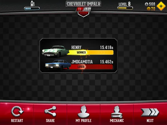 CSR Classics iPad I have normally lost the race to &#x22;Henry&#x22; with a time of 15.418 seconds