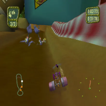 Antz Extreme Racing PlayStation 2 Screenshots of the race don&#x27;t capture very well. 
Ahead are plants, these are weapons power ups.
Z currently has collected a purple dragon fly which, in this game, is a missile