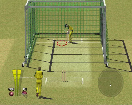 Brian Lara International Cricket 2005 PlayStation 2 A session in the nets doing batting practice.
The red circle shows where the ball is expected to land so the player can move in the crease. This changes to a dot when the ball is bowled