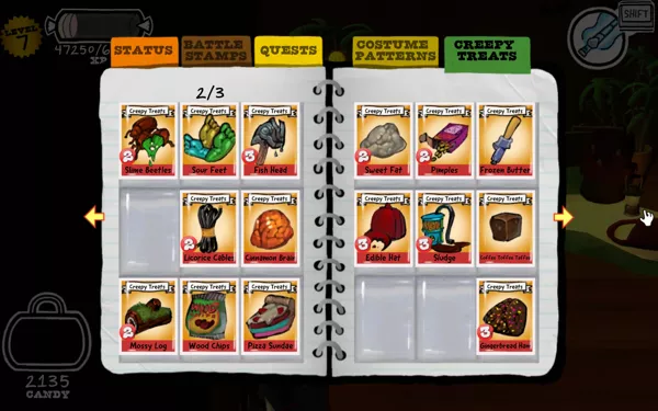 Costume Quest Windows Creepy Treat cards in the inventory
