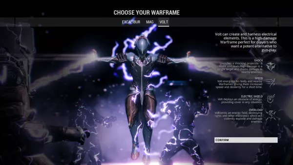 Warframe Windows Character selection: one of the three available warframes