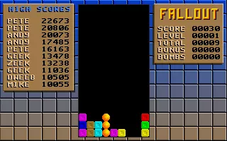 Fallout DOS A game in progress. The orange spheres show where three bricks of the same colour are exploding