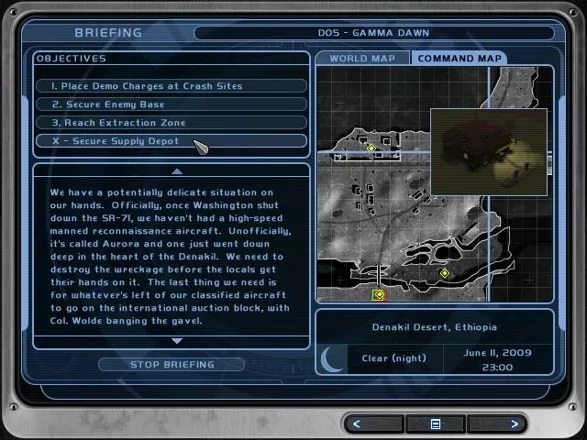 Tom Clancy&#x27;s Ghost Recon: Desert Siege Windows Standard mission briefing showing mission objectives and key areas.