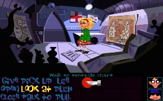Maniac Mansion: Day of the Tentacle DOS Laverne finds herself in a science room in the future. Note the ominous camera...