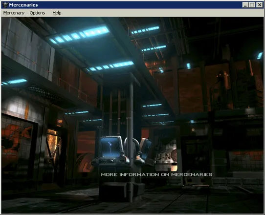 MechWarrior 2: Mercenaries Windows The game&#x27;s title screen.
There are configuration options in the menu bar and hot spots on the screen.
Demo version