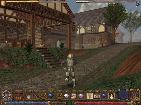 Ultima IX: Ascension Windows Just a regular day in the capital city. Note the blacksmith and his dog