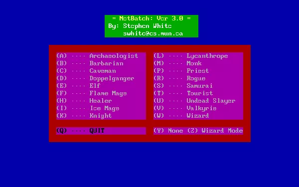 NetHack Plus DOS Player selection menu.