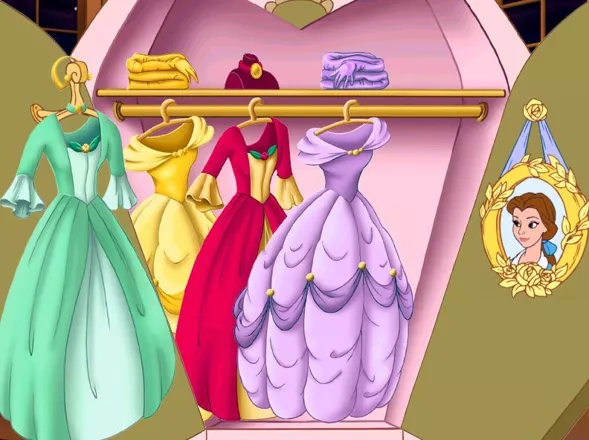 Disney&#x27;s Beauty and the Beast: Magical Ballroom Windows In the Ballroom.
Selecting belle&#x27;s frock. Not much to do really, there&#x27;s just four to choose from and Belle does not model the clothing until later