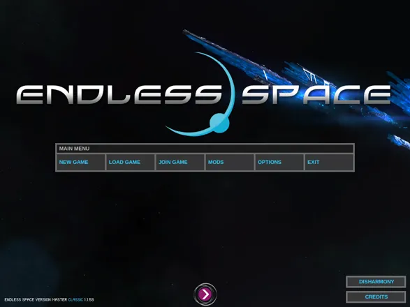 Main menu (following the release of the <i>Disharmony</i> DLC, with a link to it in the bottom right corner)