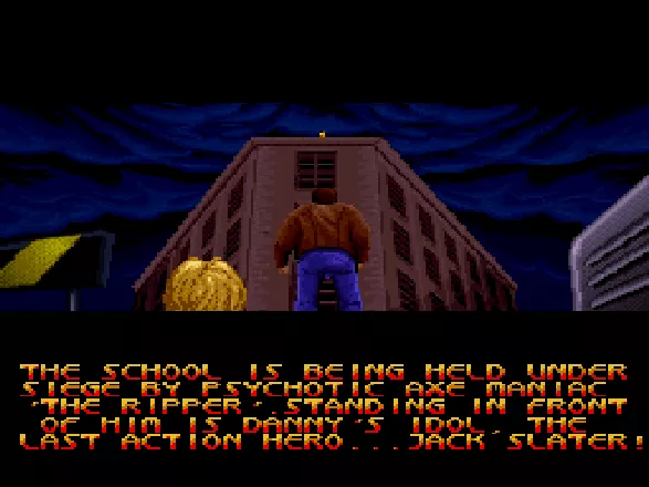 Last Action Hero SNES Opening Animation: Axe-wielding madman screwing up school reform? Send in the Governator and watch the gibs fly