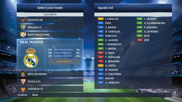 PES 2015: Pro Evolution Soccer PlayStation 4 Team selection screen