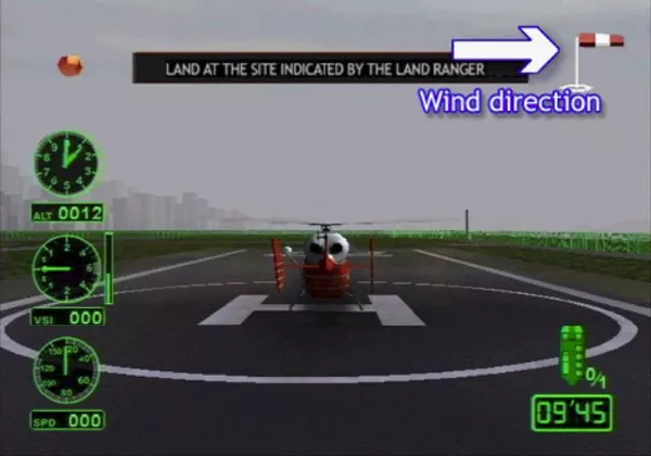 Air Ranger: Rescue Helicopter PlayStation 2 The flight screen from the in-game manual
Wind and mission time are obvious.
The three dials on the left are, from top down, altimeter, rate of ascent/descent, and ground speed 
