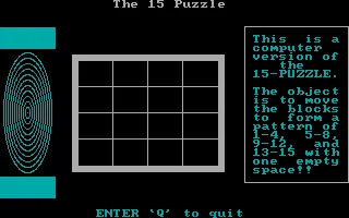The 15 Puzzle DOS Starting screen