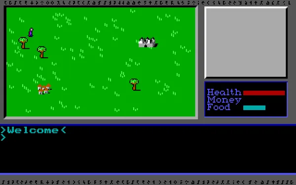 Vor Terra DOS Starting screen. (Accompanied by a voiced welcome, if audio is on)
The player character is the little blue sprite in the upper left corner.