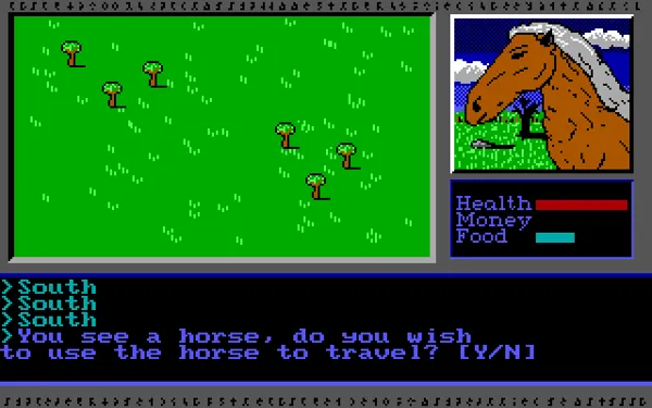 Vor Terra DOS You can buy, or even find horses to travel faster.
But they need food, and can die if you run out.