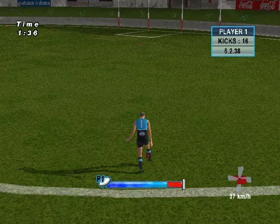 AFL Live 2004 PlayStation 2 Around the World mini game&#x3C;br&#x3E;The player takes goal kicks from various points around the goal circle&#x3C;br&#x3E;SQUARE brings up this power bar that controls the shot