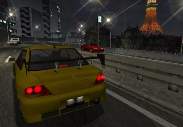 Tokyo Xtreme Racer 3 PlayStation 2 Evo 7 crusing past the Tokyo Tower