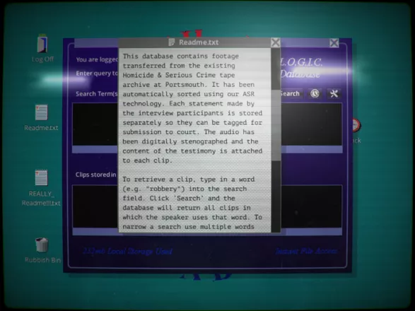 Her Story Windows The introductory readme file gets the player acquainted with the basic gameplay.