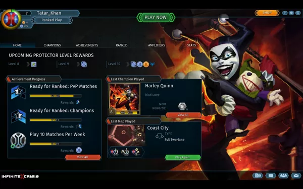 Main Screen of the game after login. It displays the portrait of last hero played.