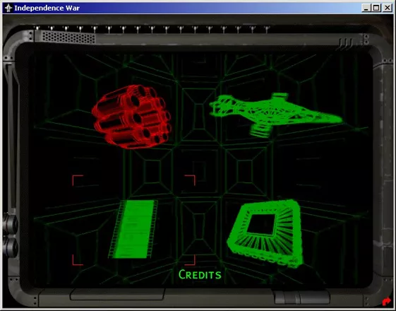 Independence War: The Starship Simulator Windows The main menu, choices are (top left to bottom right): Rooster (Campaign mode), Instant Action, Credits and Options.