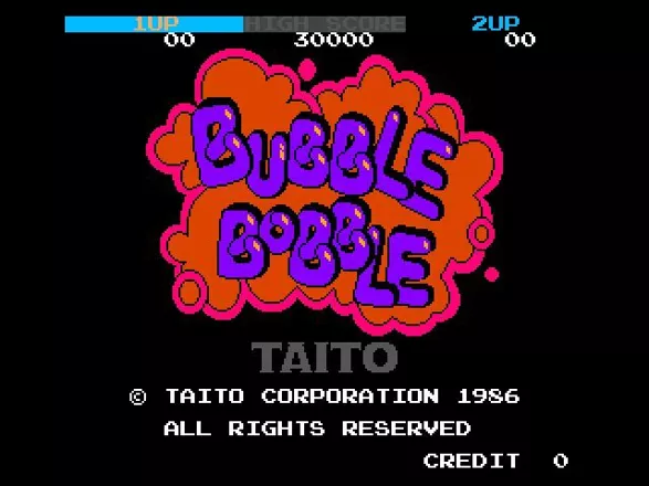 Arcade 2 Collection Windows Bubble Bobble&#x27;s title screen, the game&#x27;s name and background colour cycle through a series of pretty combinations
