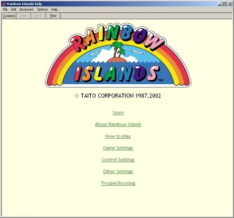 Arcade 2 Collection Windows Rainbow Islands comes with a nice Windows help file.&#x3C;br&#x3E;Bubble Bobble has one too