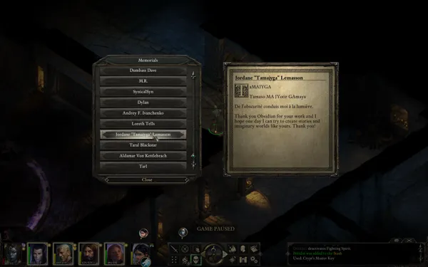 Pillars of Eternity Windows In many dungeons &#x22;Memorials&#x22; can be found with entries from Kickstarter backers