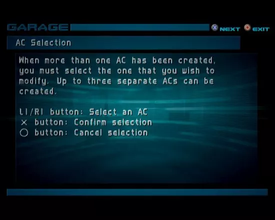 Armored Core 2: Another Age PlayStation 2 There is extensive in-game help available&#x3C;br&#x3E;This screen is four menu levels in : Operating Instructions/ Menu Screen / Garage /   AC Selection