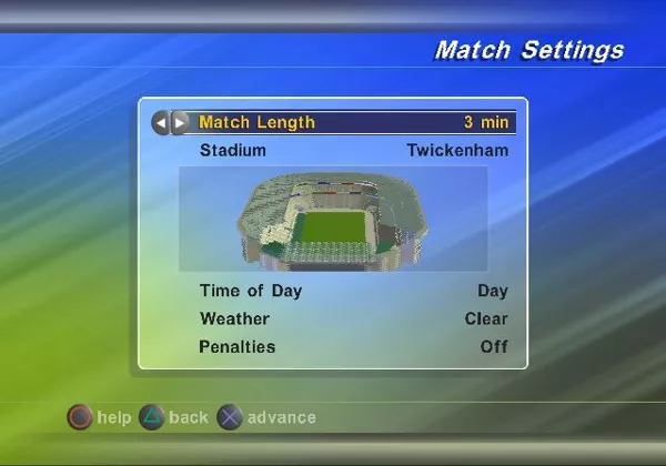 WCR: World Championship Rugby PlayStation 2 Setting up a Friendly match.&#x3C;br&#x3E;The player has limited customisation options for the environment