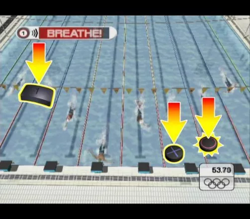Athens 2004 PlayStation 2 From the practice session of the women&#x27;s swimming event. The video tutorial actually shows men. The player mashes buttons to maintain speed and presses L1 to breathe