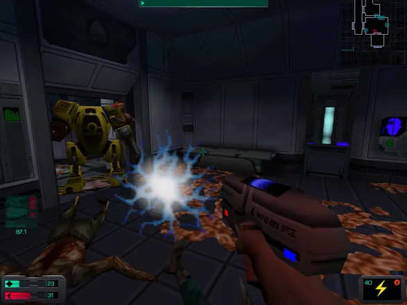 System Shock 2 Windows Flashy battle between me and an oversized, maniacal security robot