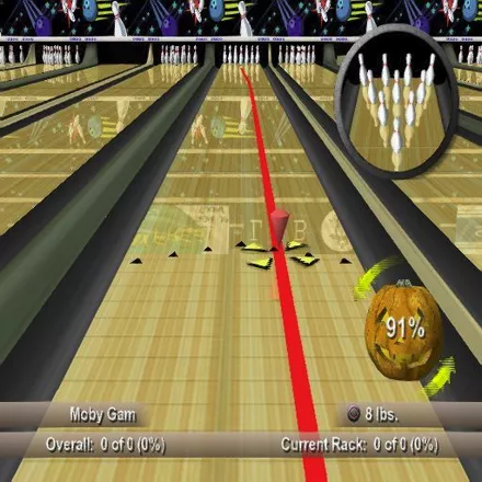 Strike Force Bowling PlayStation 2 Practice mode: A novelty Halloween ball has been selected. Here the spin setting is high so the ball&#x27;s path will curve once it leaves the oiled surface.
