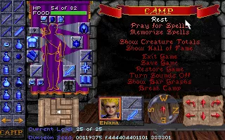 Dungeon Hack DOS The in-game menu.  Here, beside the menu options themselves, you can organize your inventory while safe from monsters.